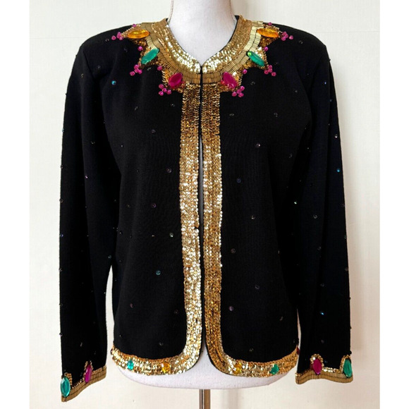 80s Vintage Outlander Womens Cardigan Sweater Sz M Sequins Rhinestones BLING - Picture 1 of 9
